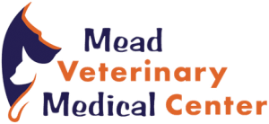 Mead Veterinary Medical Center logo. Logo is a blue silhouette of a dog with a silhouette of a cat in it